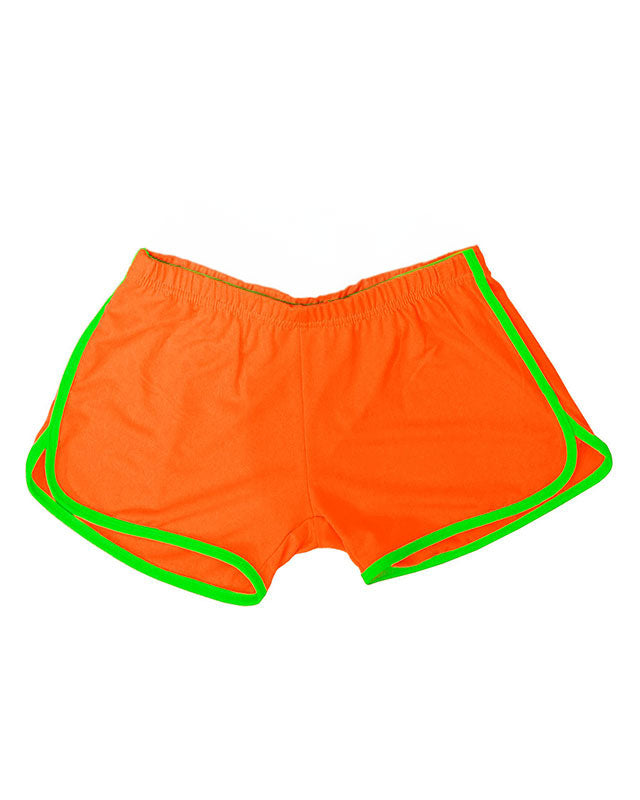 80s Neon Orange Hot Pants | Fluro Retro Shorts — Adult 80s Fancy Dress