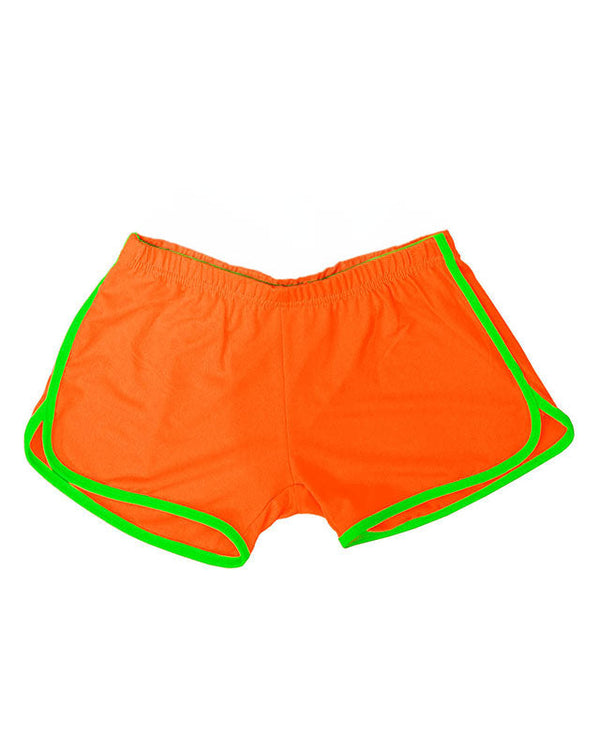 80s Neon Orange Hot Pants | Fluro Retro Shorts — Adult 80s Fancy Dress