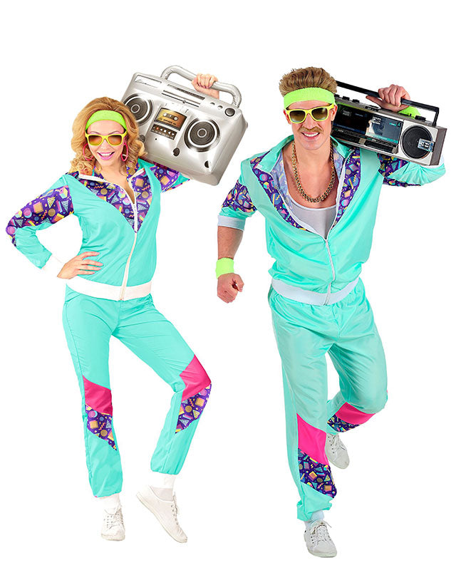 80s Funky Shell Suit | Retro Teal Geometric Shell Suit Costume — Adult 80s Fancy Dress